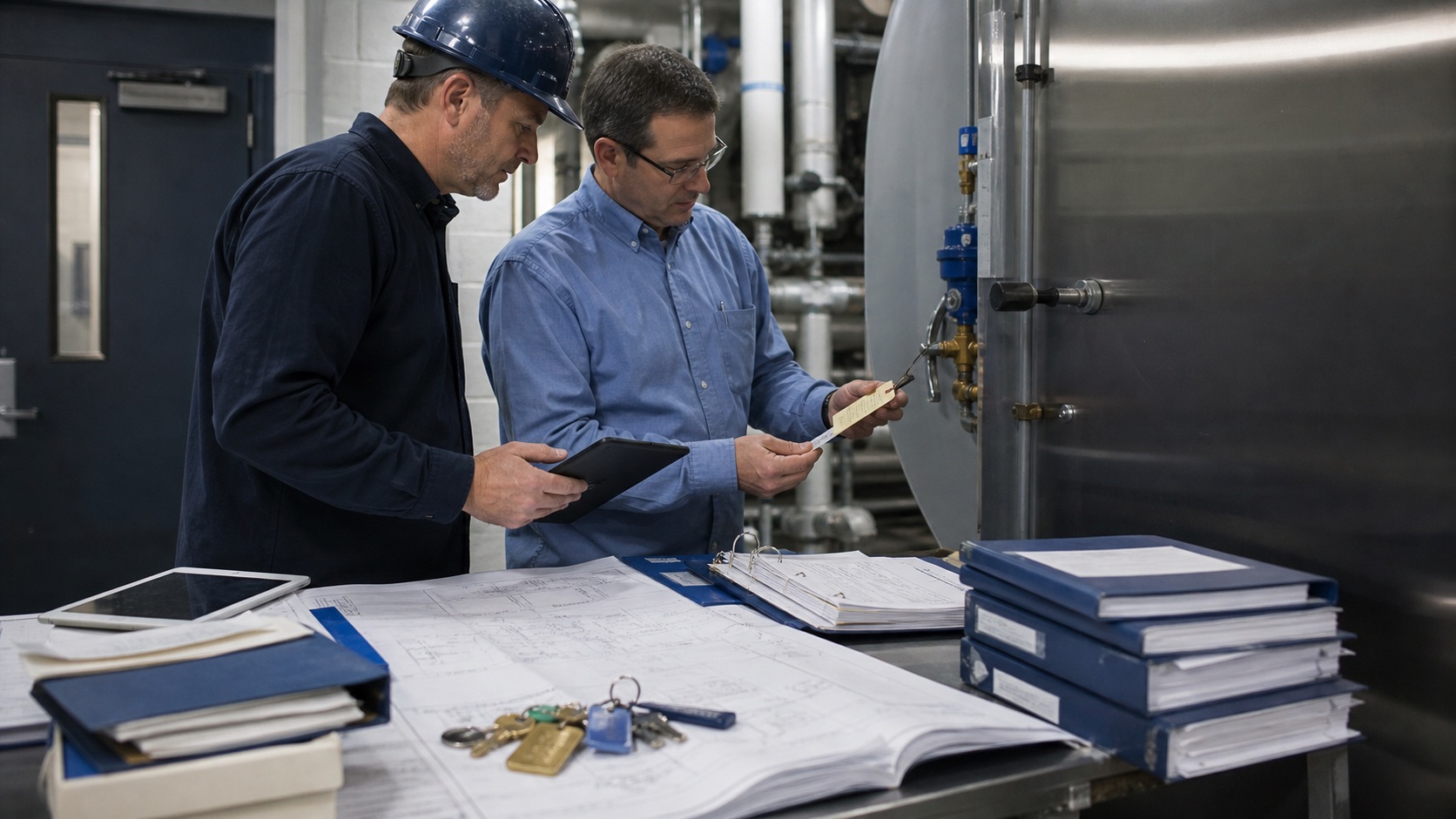Superintendent and facility manager matching an equipment tag to as-built drawings and closeout binders in a mechanical room.