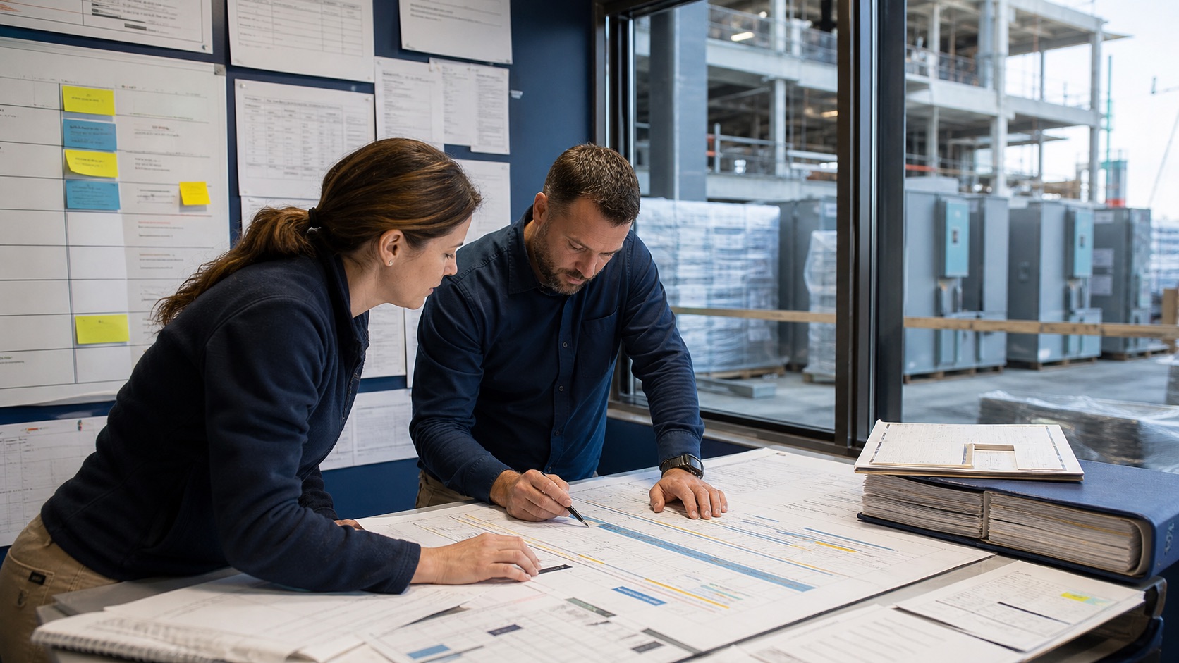 Scheduler and project engineer comparing a construction schedule with submittal and procurement records in a project office.